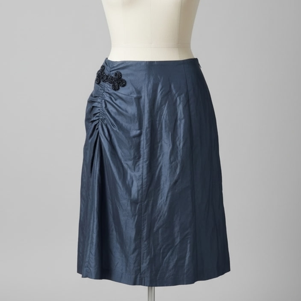 Lida Baday Vintage Metallic Slate Blue Steel Ruched Midi Skirt